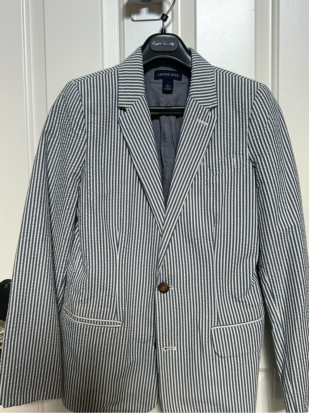 Lands’ End Boys Blue White Seersucker Blazer Sport Coat Size Large 14-16
